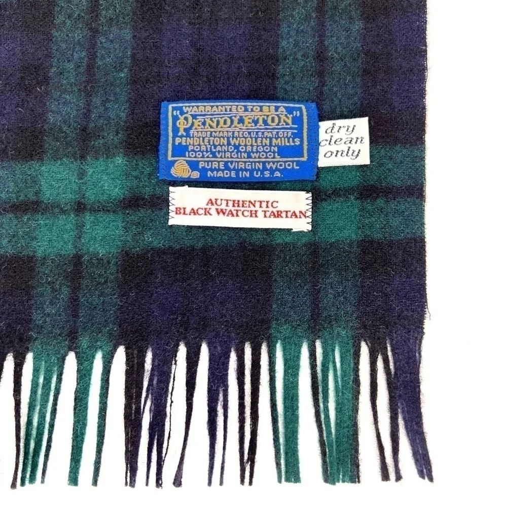 Vintage Pendleton Black Watch Tartan Plaid Wool Men’s Scarf Fringed Vtg EUC